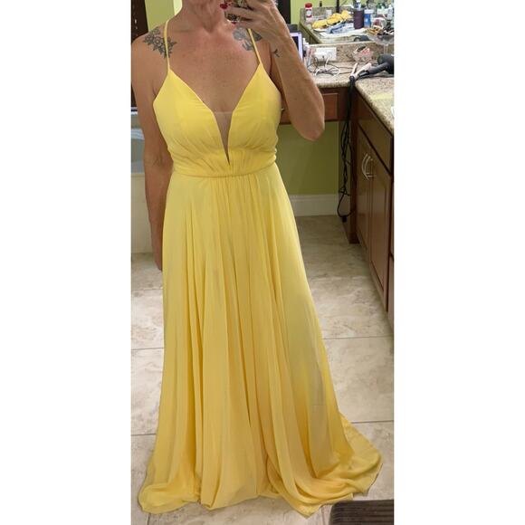 Abby Paris formal Gown 8 Butter Cup yellow Illusion plunging open back NWT $338 - Picture 13 of 15